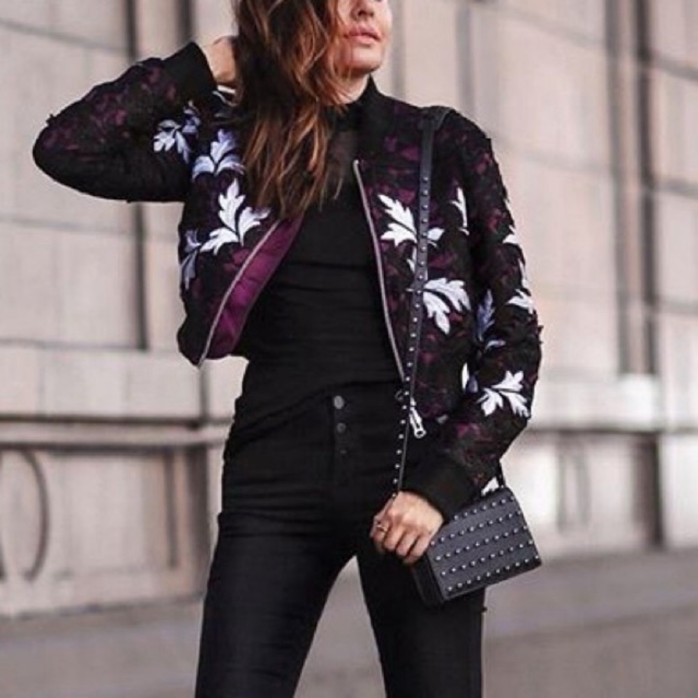 Self-Portrait Black Bomber Jacket with White Floral Embroidery and Burgundy Trim - Picture 4 of 12